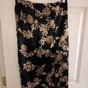 Black floral black satin skirt with slit